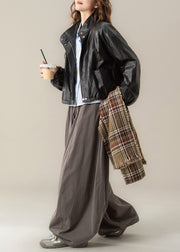 Classy Black Stand Collar Drawstring Faux Leather Coat Spring