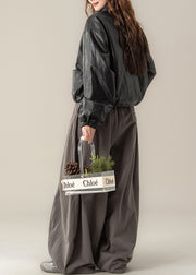 Classy Black Stand Collar Drawstring Faux Leather Coat Spring