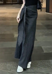 Classy Black Striped High Waist Lace Up Chiffon Skirts Fall