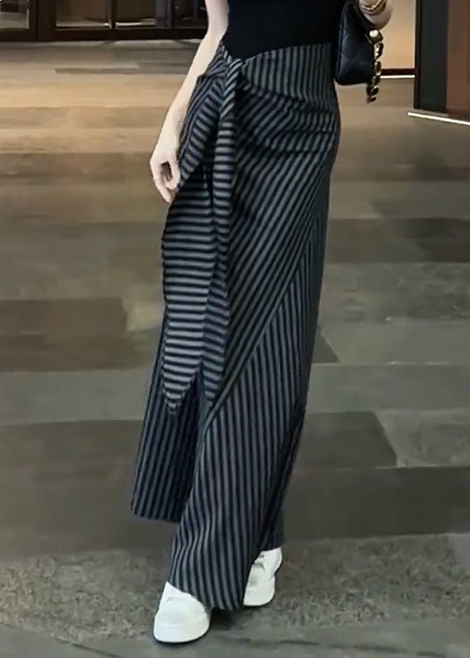 Classy Black Striped High Waist Lace Up Chiffon Skirts Fall