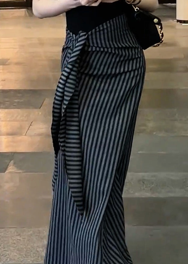 Classy Black Striped High Waist Lace Up Chiffon Skirts Fall