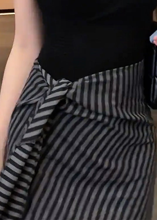 Classy Black Striped High Waist Lace Up Chiffon Skirts Fall