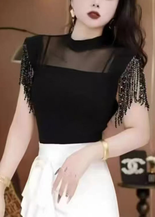 Classy Black Tasseled Patchwork Hollow Out Shirt Tops Summer