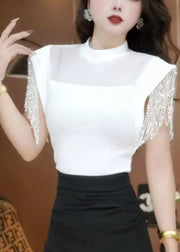 Classy Black Tasseled Patchwork Hollow Out Shirt Tops Summer