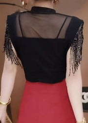 Classy Black Tasseled Patchwork Hollow Out Shirt Tops Summer
