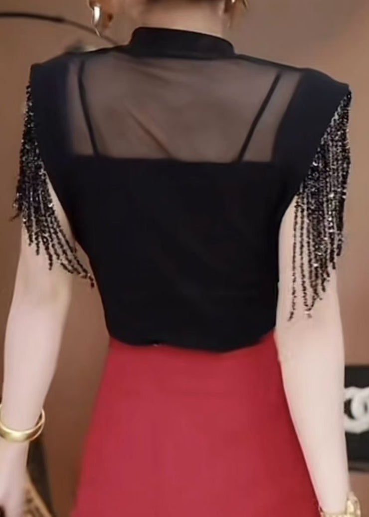 Classy Black Tasseled Patchwork Hollow Out Shirt Tops Summer