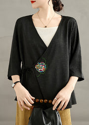 Classy Black Tunic Embroidered Silk Top Summer