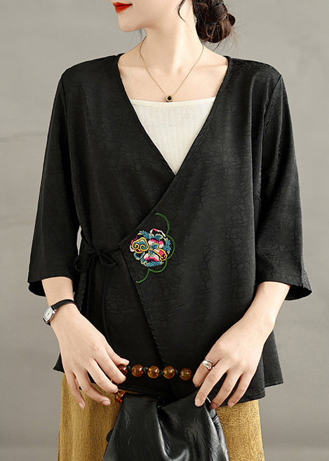 Classy Black Tunic Embroidered Silk Top Summer