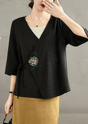 Classy Black Tunic Embroidered Silk Top Summer