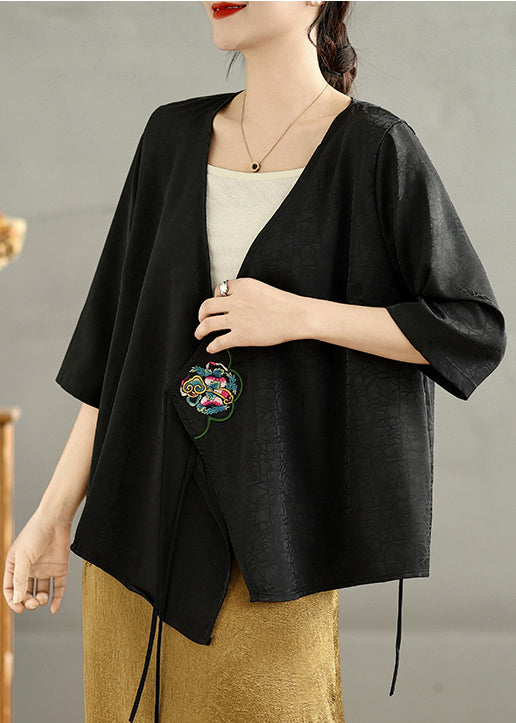 Classy Black Tunic Embroidered Silk Top Summer