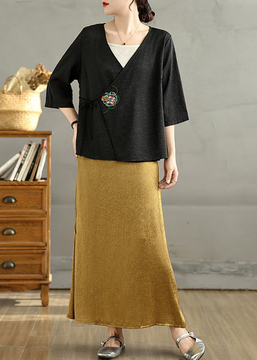 Classy Black Tunic Embroidered Silk Top Summer