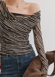 Classy Black Turtle Neck Striped Chiffon Top Fall