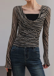 Classy Black Turtle Neck Striped Chiffon Top Fall