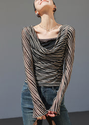 Classy Black Turtle Neck Striped Chiffon Top Fall