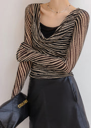 Classy Black Turtle Neck Striped Chiffon Top Fall