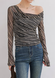 Classy Black Turtle Neck Striped Chiffon Top Fall