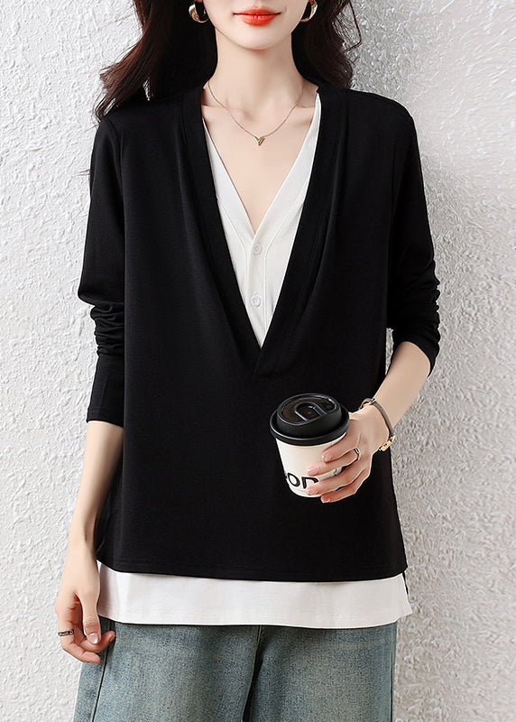 Classy Black V Neck Patchwork Cotton Fake Two Piece Tops Fall