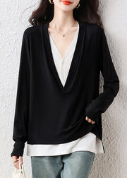 Classy Black V Neck Patchwork Cotton Fake Two Piece Tops Fall