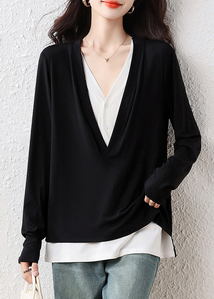 Classy Black V Neck Patchwork Cotton Fake Two Piece Tops Fall