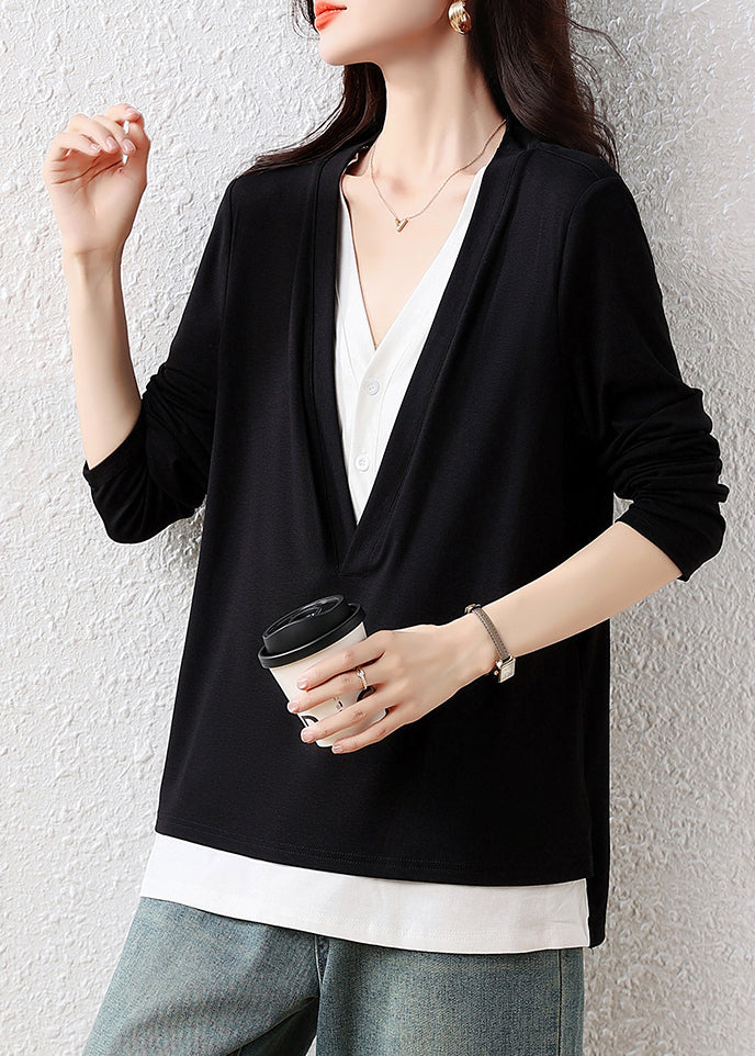Classy Black V Neck Patchwork Cotton Fake Two Piece Tops Fall