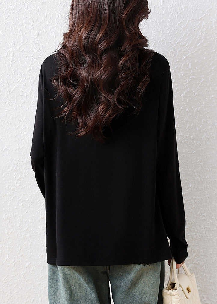 Classy Black V Neck Patchwork Cotton Fake Two Piece Tops Fall