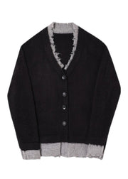 Classy Black V Neck Patchwork False Two-Piece Cotton Knit Sweaters Fall
