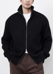 Classy Black Zip Up Cozy Solid Knit Men Coat Spring