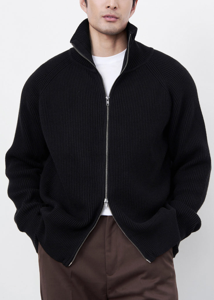 Classy Black Zip Up Cozy Solid Knit Men Coat Spring