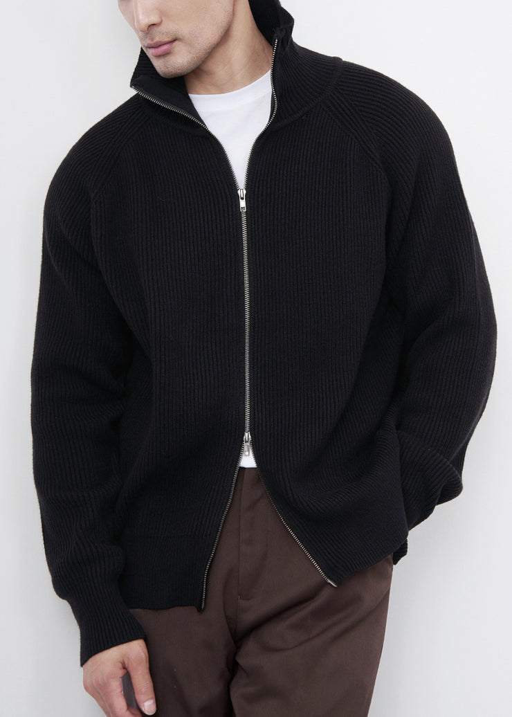 Classy Black Zip Up Cozy Solid Knit Men Coat Spring