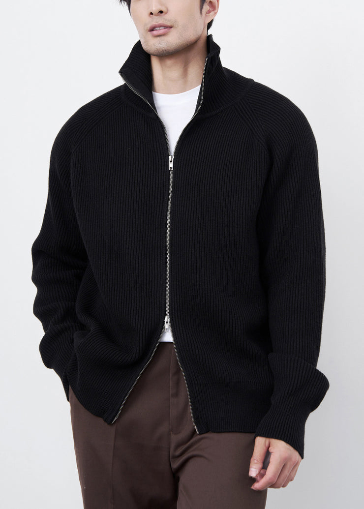 Classy Black Zip Up Cozy Solid Knit Men Coat Spring