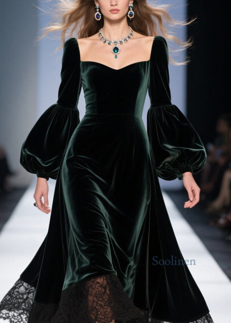 Classy Blackish Green Lace Patchwork Velvet Dresses Fall