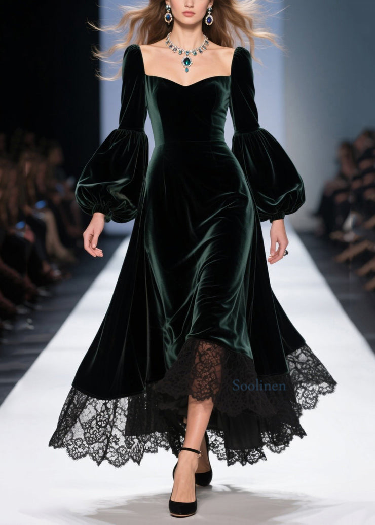 Classy Blackish Green Lace Patchwork Velvet Dresses Fall