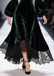 Classy Blackish Green Lace Patchwork Velvet Dresses Fall