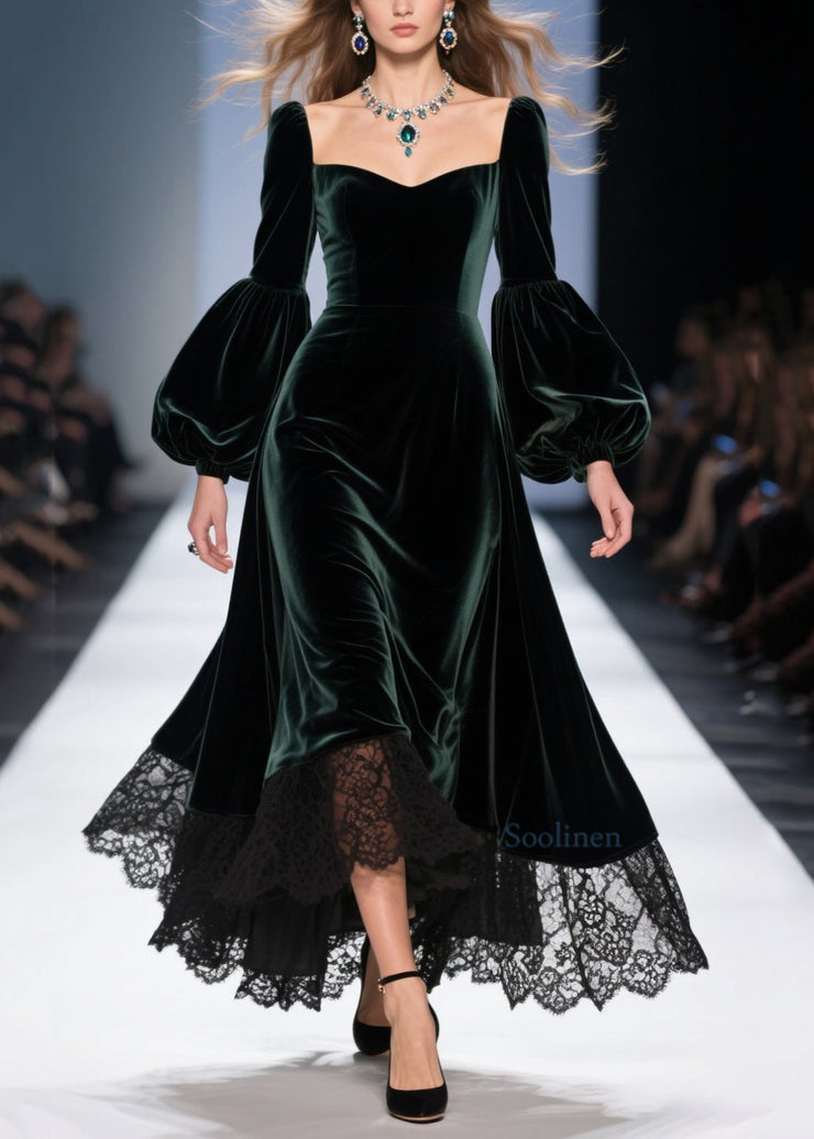 Classy Blackish Green Lace Patchwork Velvet Dresses Fall