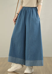 Classy Blue Elastic Waist Denim Wide Leg Pants Summer