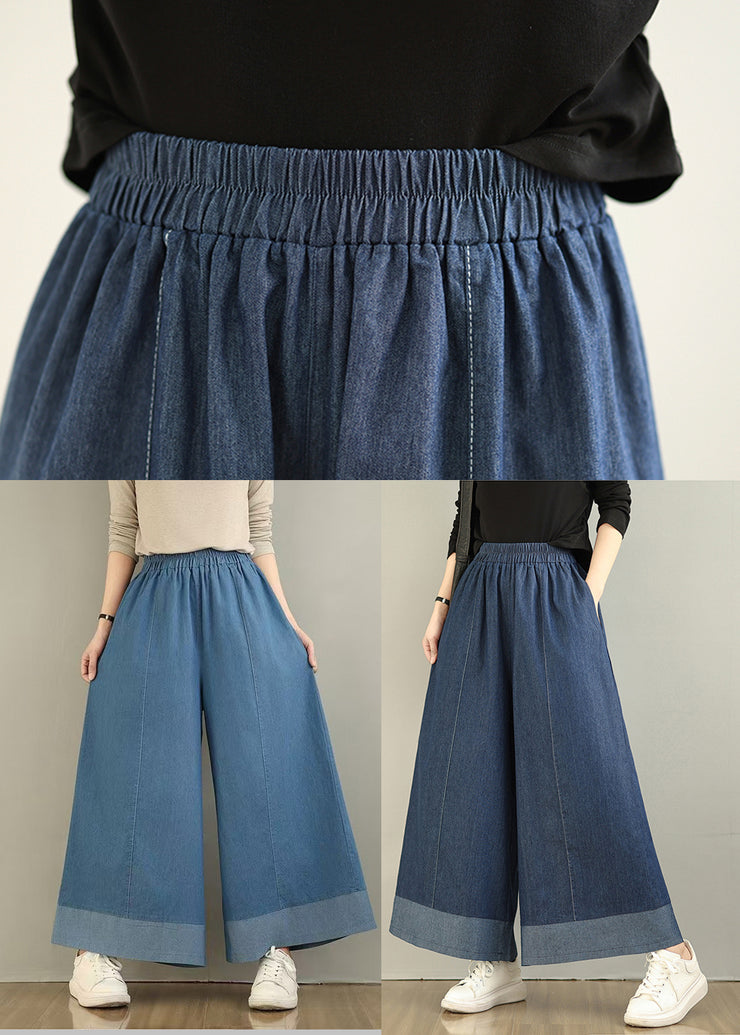 Classy Blue Elastic Waist Denim Wide Leg Pants Summer