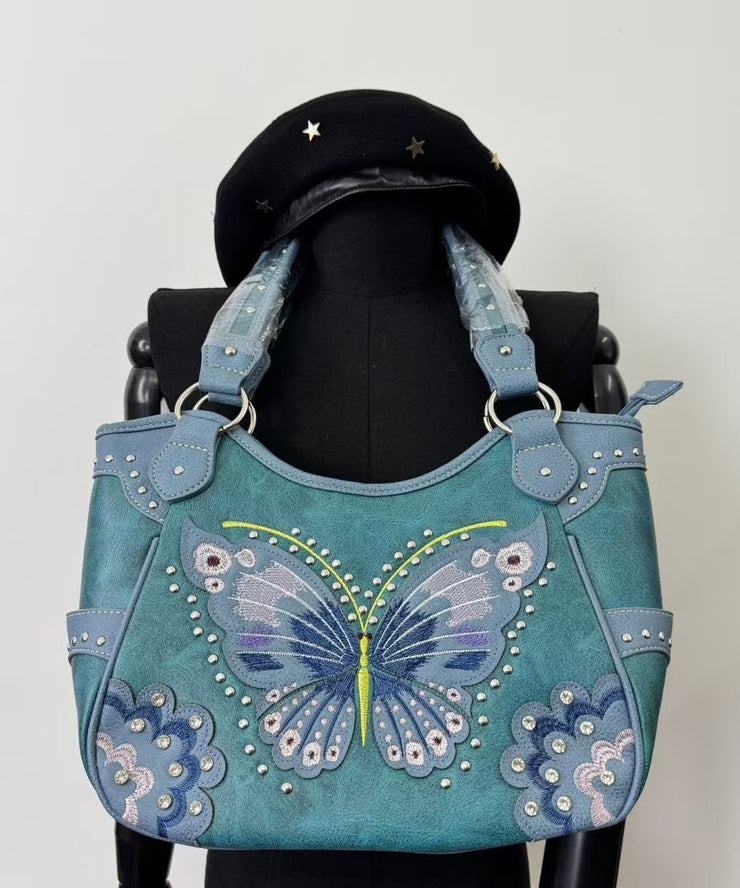 Classy Blue Embroidered Butterfly Rivet Faux Suede Shoulder Bags