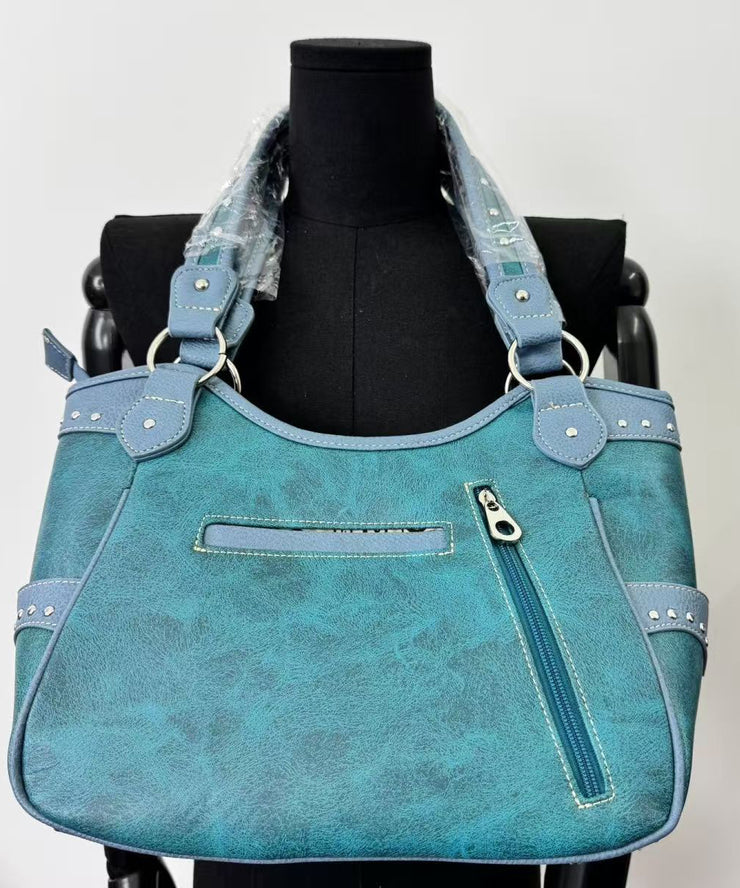 Classy Blue Embroidered Butterfly Rivet Faux Suede Shoulder Bags