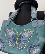 Classy Blue Embroidered Butterfly Rivet Faux Suede Shoulder Bags