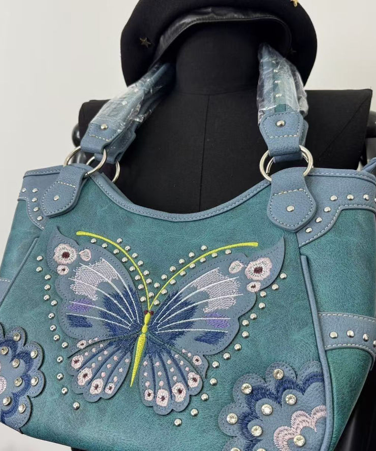 Classy Blue Embroidered Butterfly Rivet Faux Suede Shoulder Bags