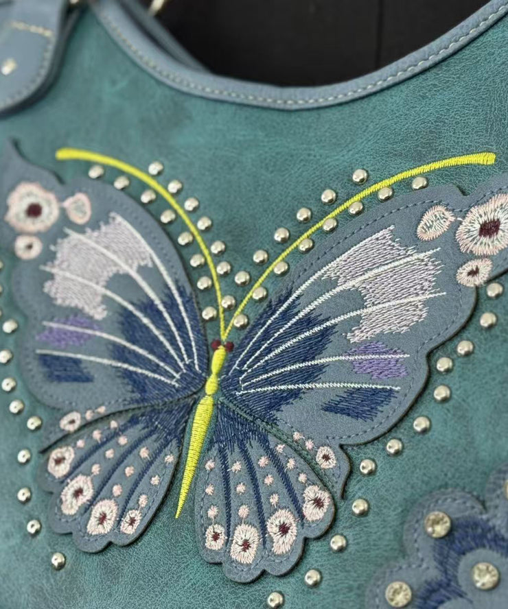 Classy Blue Embroidered Butterfly Rivet Faux Suede Shoulder Bags