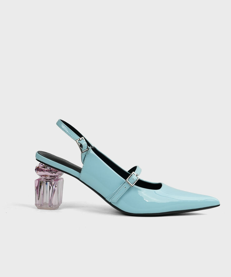 Classy Blue Faux Leather Splicing Chunky High Heels Pointed Toe