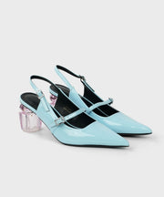 Classy Blue Faux Leather Splicing Chunky High Heels Pointed Toe