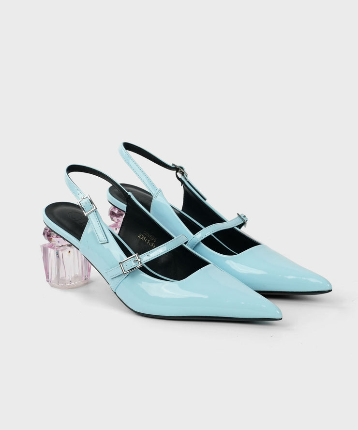 Classy Blue Faux Leather Splicing Chunky High Heels Pointed Toe