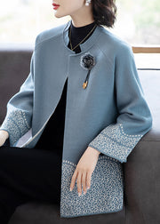 Classy Blue O-Neck Patchwork Knit Coats Fall