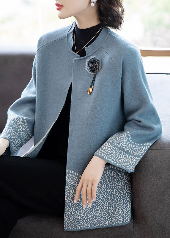 Classy Blue O-Neck Patchwork Knit Coats Fall