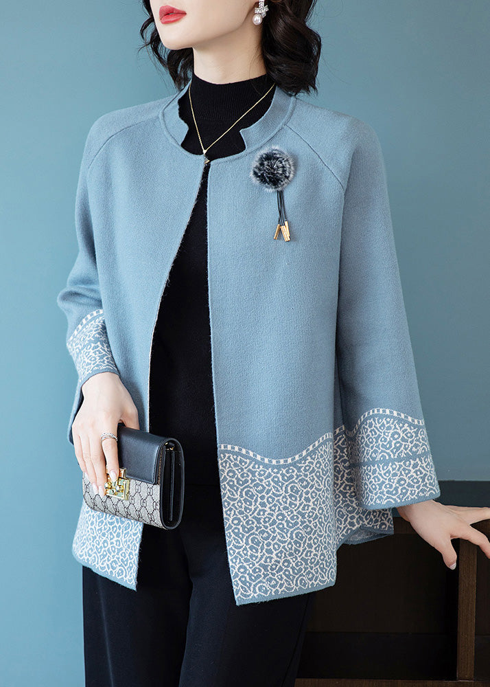 Classy Blue O-Neck Patchwork Knit Coats Fall