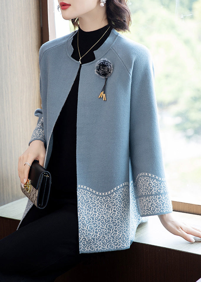 Classy Blue O-Neck Patchwork Knit Coats Fall