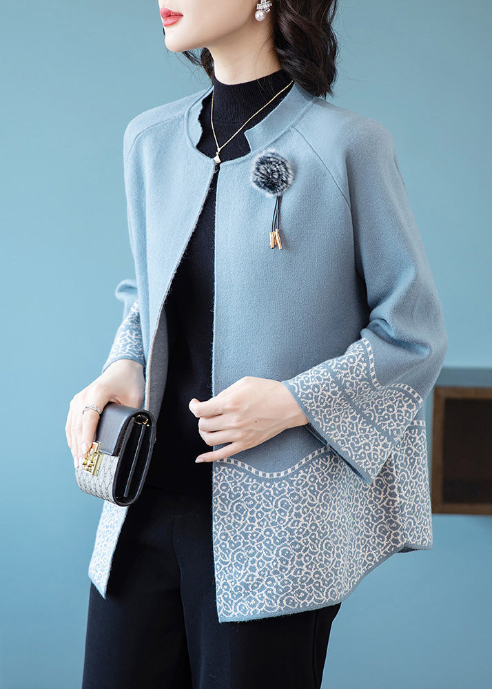Classy Blue O-Neck Patchwork Knit Coats Fall