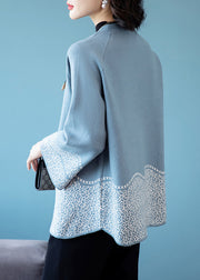Classy Blue O-Neck Patchwork Knit Coats Fall